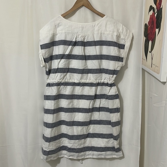 NWT GAP 97% Linen White Blue Striped Sleeveless Dress with Tie Waist a292 - Picture 4 of 4